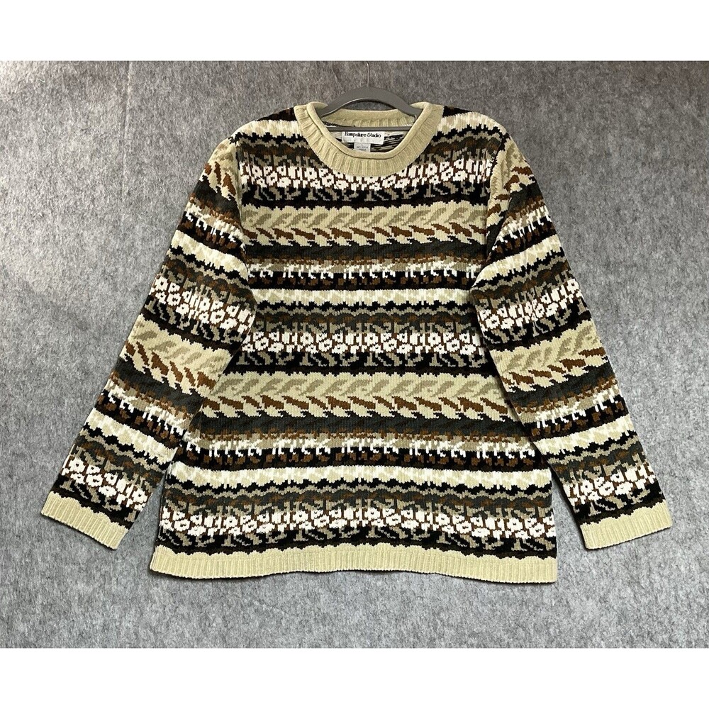 Vintage Sweater Womens Large Tan Geometric Chenille Pullover Cottage Retro